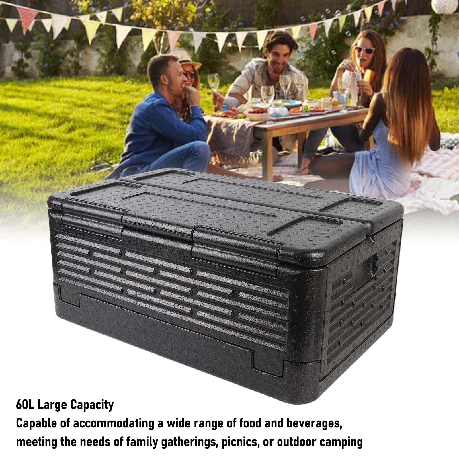 KKPLZZ Caja Isotérmica para Transportar Alimentos, Caja Plegable de Gran Capacidad de 60 Litros con Aislamiento Térmico y Material EPP de Primera Calidad para Camping, Picnic, Pla (Negro)