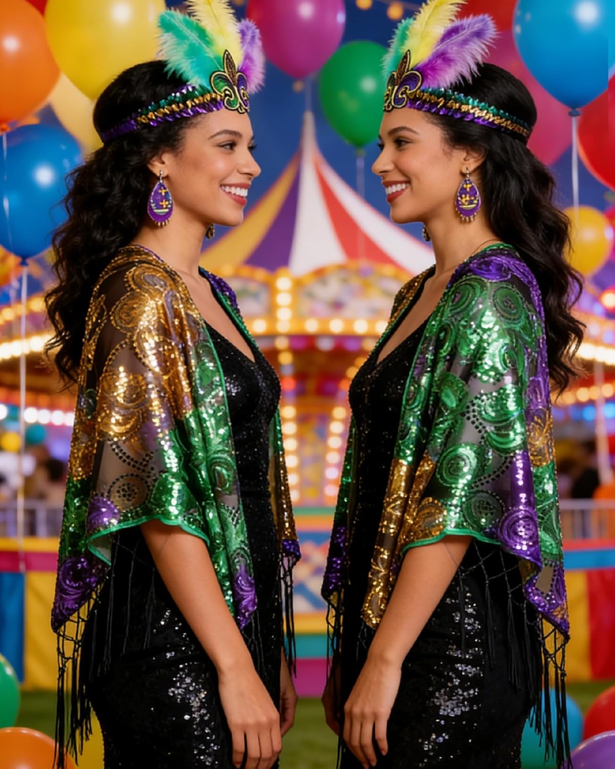 QLINLEAF Mardi Gras Shawl Scarf Costume Accessories Mardi Gras Outfit for Women Sequin Headband Poncho and Earrings Canival Party Favor - Image 7