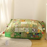 THEARTBOX Boho Cotton Patchwork Floor Pillow Cover 35x35 Green - Vintage Embroidered Meditation Pouf Seat Cushion for Yoga, Pets & Home Decor (Cover Only)