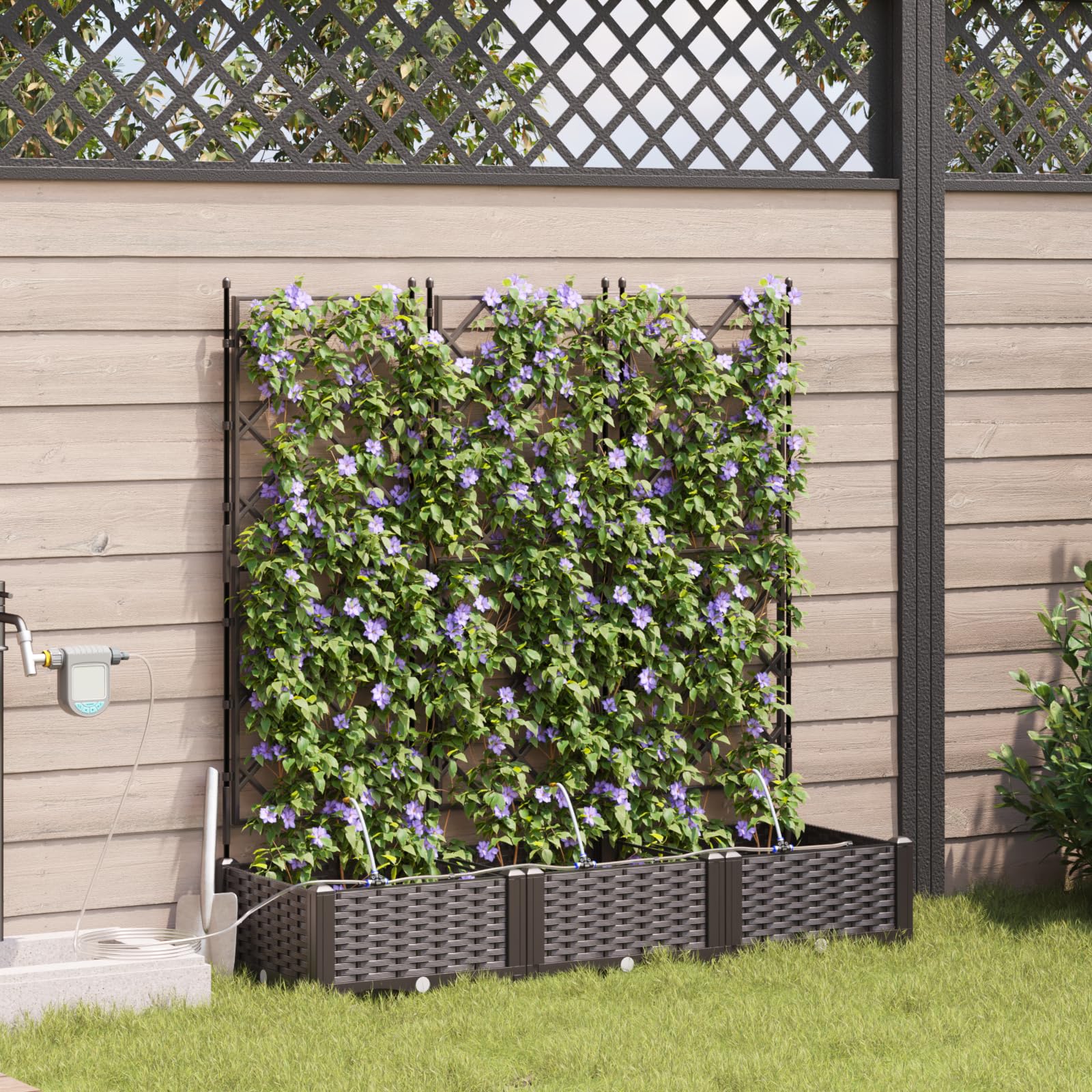 Macetas altas con sistema de riego y enrejado, juego de 3 unidades, color marrón, rectangular, 120 x 40 x 126 cm, para jardín, balcón, terraza, plástico resistente, mate, interior y exterior