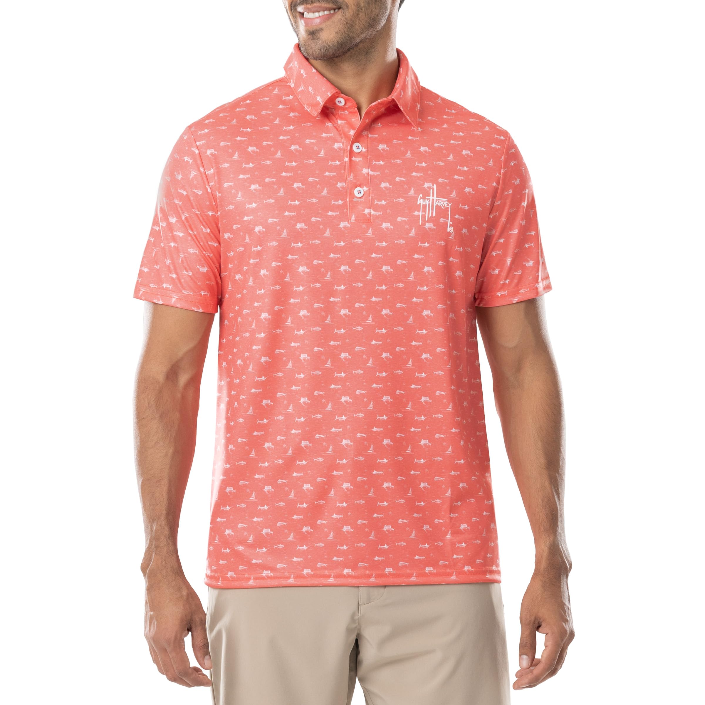 Guy Harvey Men’s Performance Recycled Polyester Short Sleeve Polo Shirt, Coral, XL