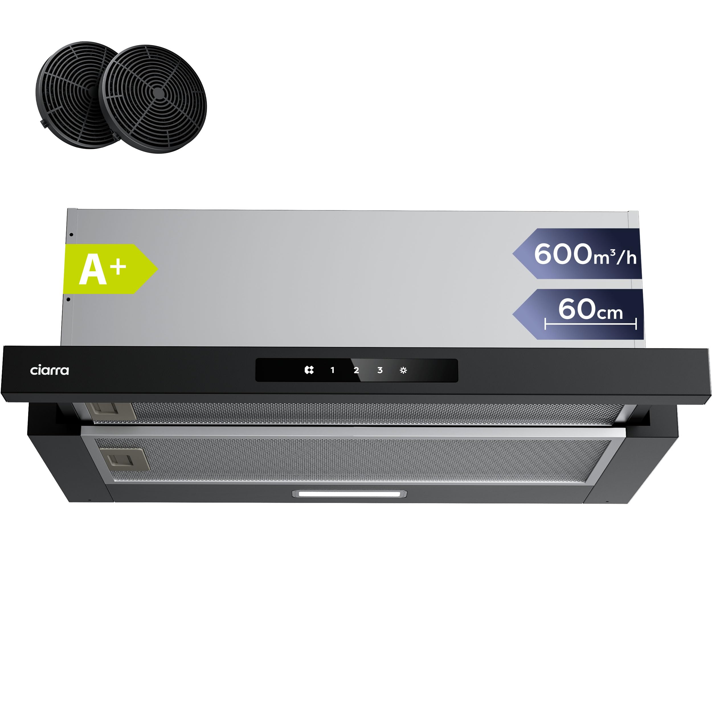 CIARRA CBCB6909A Campana Extractora Telescópica Negra Cocina 60 cm 600 m³ / h Clase A+ 3 Niveles Control Táctil Iluminación LED Filtro de Carbón CBCF055