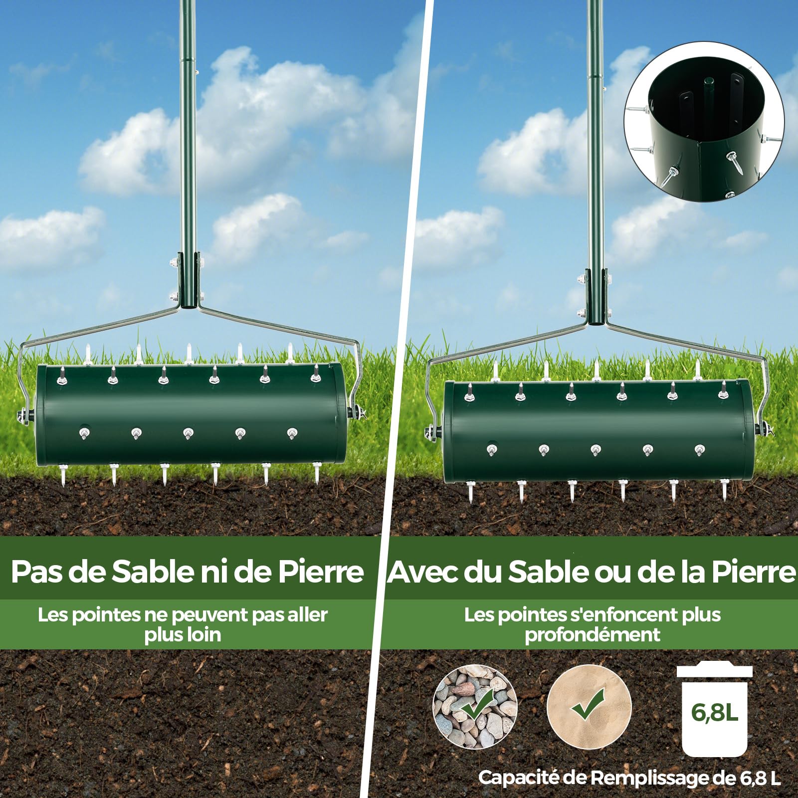 RELAX4LIFE Scarificateur Gazon Manuel 53CM avec Poignée &Rouleau à Pointes Rotatives, Rouleau Aérateur Gazon de Pelouse en Métal pour Jardin Cour Patio (6.8L | 53x130CM, Vert)