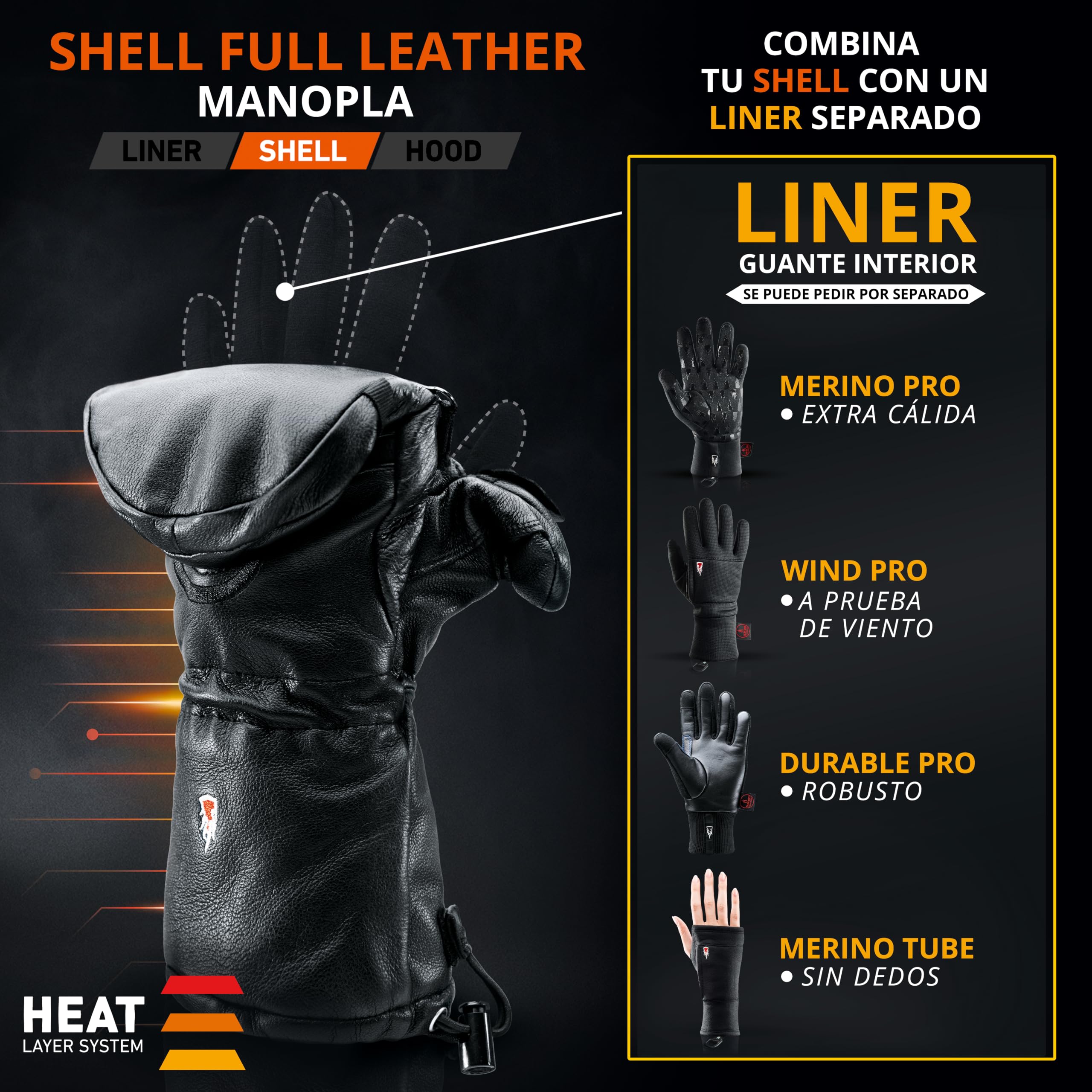 THE HEAT COMPANY Shell Full Leather Manoplas: guantes cuero desplegables - innovación del guantes - guantes esqui extra cálidos - guante termico invierno: hombre & mujer - sin guante interior - unisex