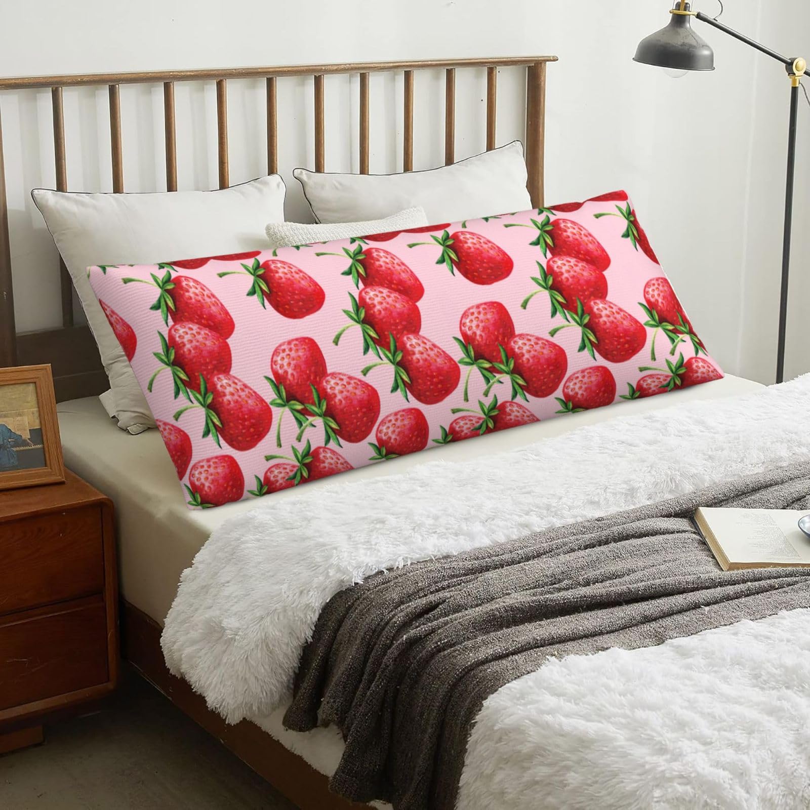 Strawberries With Pink Background, Body Pillow Cover with Zipper,Long Body Pillowcase 20 x 60 in