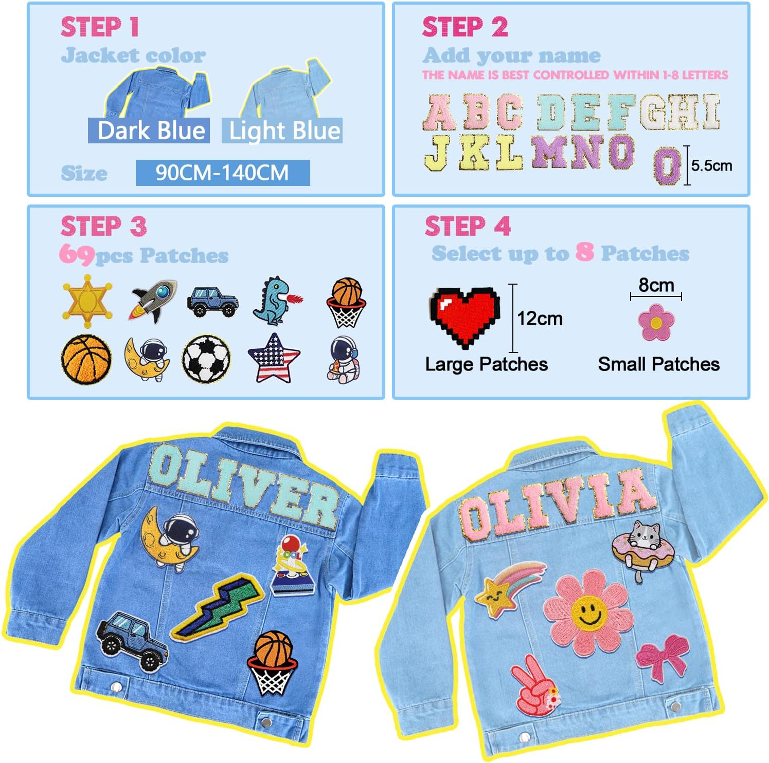 Cyphart Custom Patch Jean Jacket for Boys with Name- Personalized Boys Spring Outerwear- Birthday Easter Gifts for 1-8 Years Old Boy- Toddlers Denim Jacket