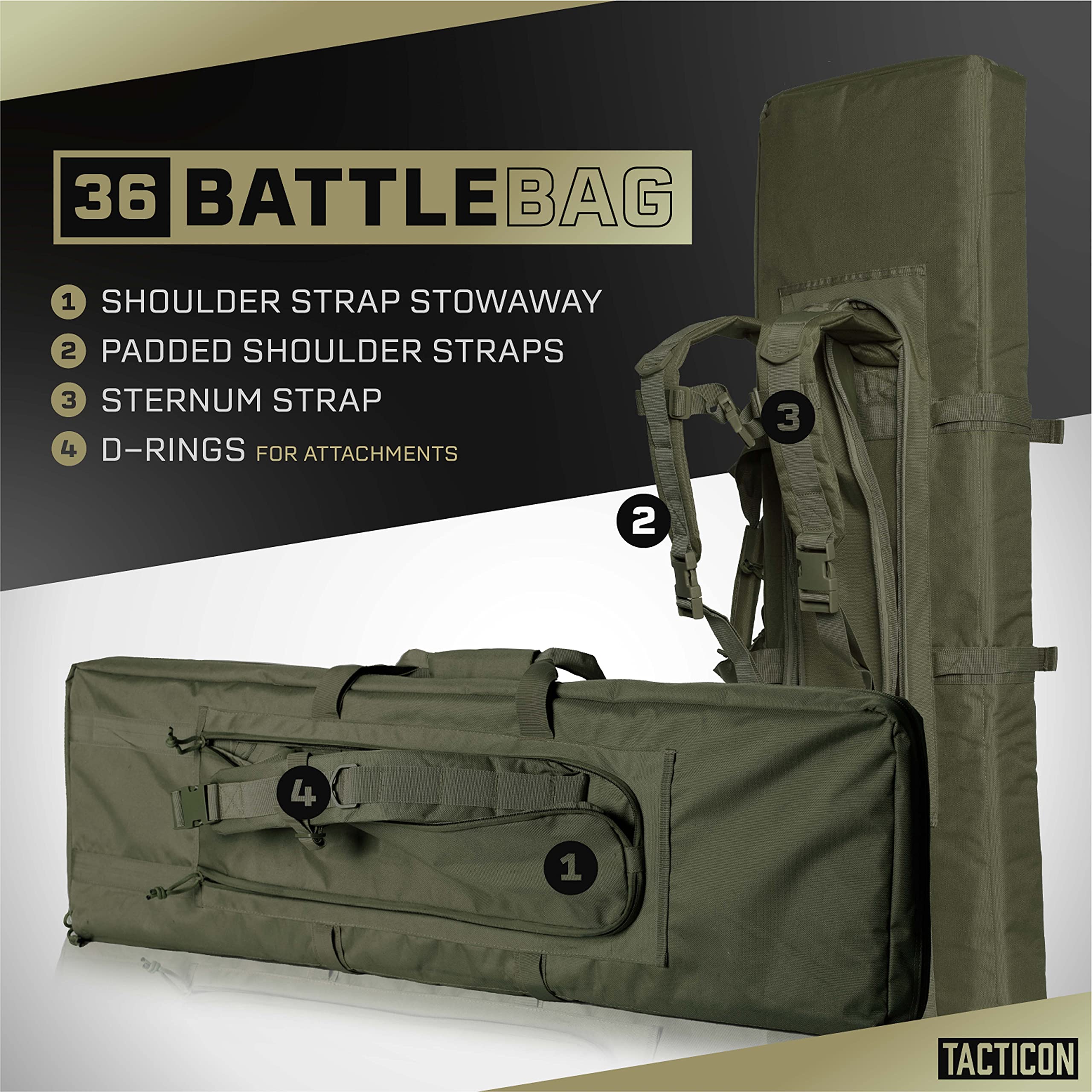 Tacticon Double Rifle Bag | 2 Rifles + 2 Pistols Tuckable Backpack Straps | COMBAT VETERAN OWNED COMPANY | Waterproof Padded Lockable Carbine (Olive Drab Green, 36" x 12" Double Rifle Case)