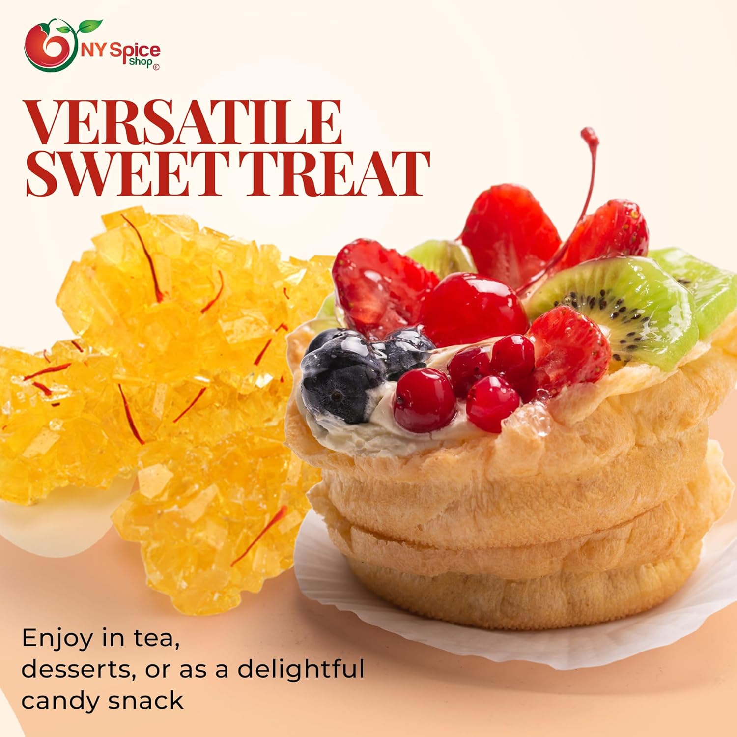 NY Spice Shop Golden Crystal Rock Candy with Saffron - 3 Pound Natural Sugar Crystals Infused with Pure Saffron Strands - Traditional Sweetener for Tea Coffee Desserts and Gifting