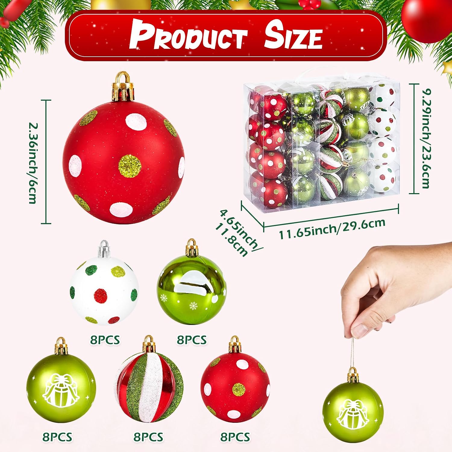 40 Pcs Christmas Balls Ornaments, 2.4 Inch Glittering Red Green White Ball Ornaments for Xmas Decorations, Plastic Striped Dot Hanging Baubles, Christmas Tree Pendants for Party Holiday Home