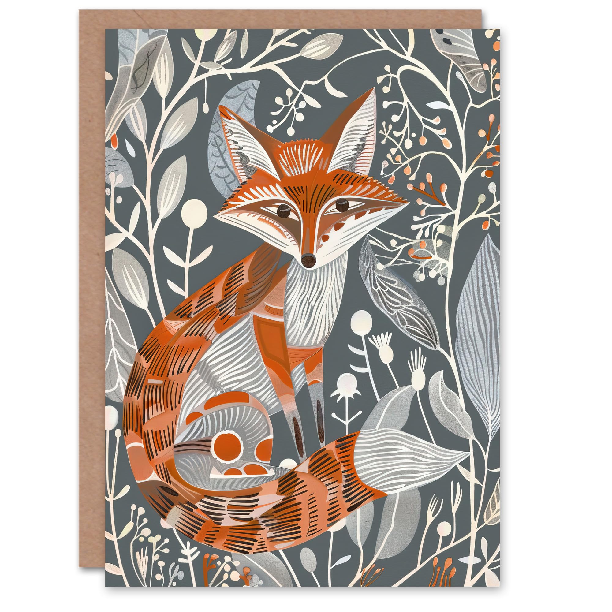 Artery8 Greeting Card Woodland Fox Folk Art Grey Rustic Wildflowers Blank For All Him Or Her Art Birthday Card