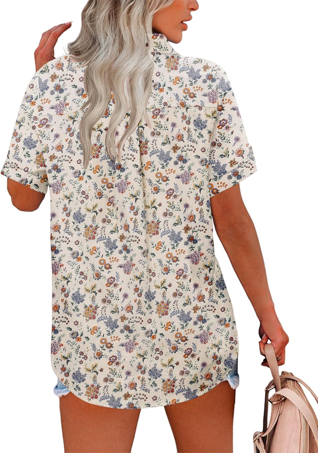 Hotouch Linen Button Down Shirt Women Roll-Up Cuffed Short Sleeve Blouses V Neck Collared Shirts Summer Beach Cotton Tops - Image 2