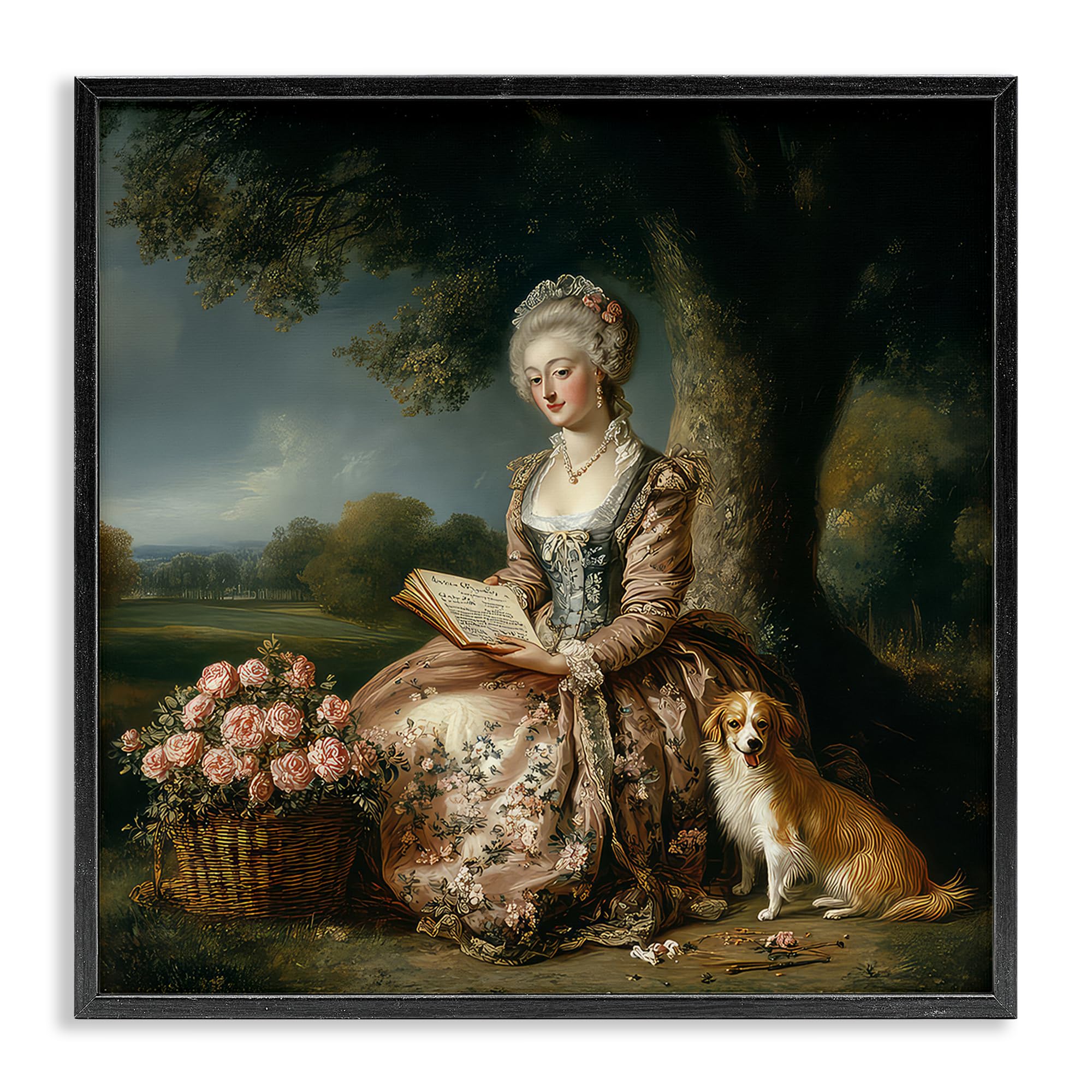 Stupell Industries Midnight Black (Textured) 'Rococo Woman With Dog'| Framed Giclee Art