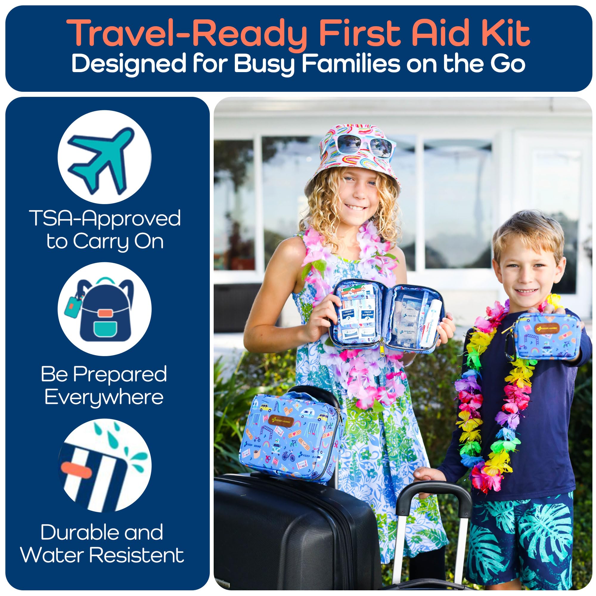 KeepGoing - Kit de primeros auxilios de viaje para niños, 130 unidades, para coche, hogar, bolso, bolsa de pañales y mochila con vendas sin látex, mini kit de primeros auxilios, tamaño de viaje,