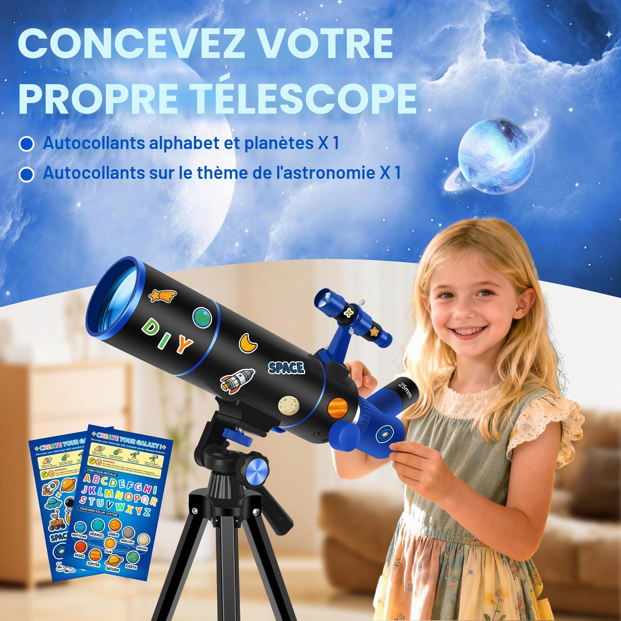 Télescope, 80 mm Ouverture 500 mm Telescope Astronomique Enfant et Adultes, Télescope de Voyage Compact et Portable pour Débutants avec Trépied, Adaptateur pour Téléphone, Sac à Dos et Autocollants