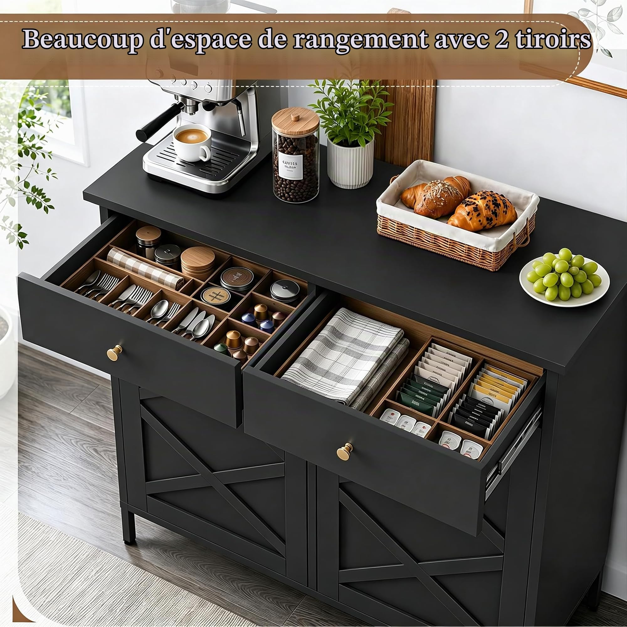 YODOLLA Armoire à poubelle, double armoire de cuisine pliable avec plan de travail, îlot de cuisine autonome avec 2 tiroirs, armoire à déchets cachée, commode de cuisine pour cuisine et salon