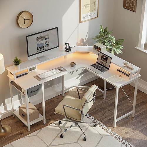 Miniatura 32 de CubiCubi Escritorio en forma de L de 59 pulgadas con puertos de carga USB y luces LED, escritorio de esquina para computadora con cajón y estante de