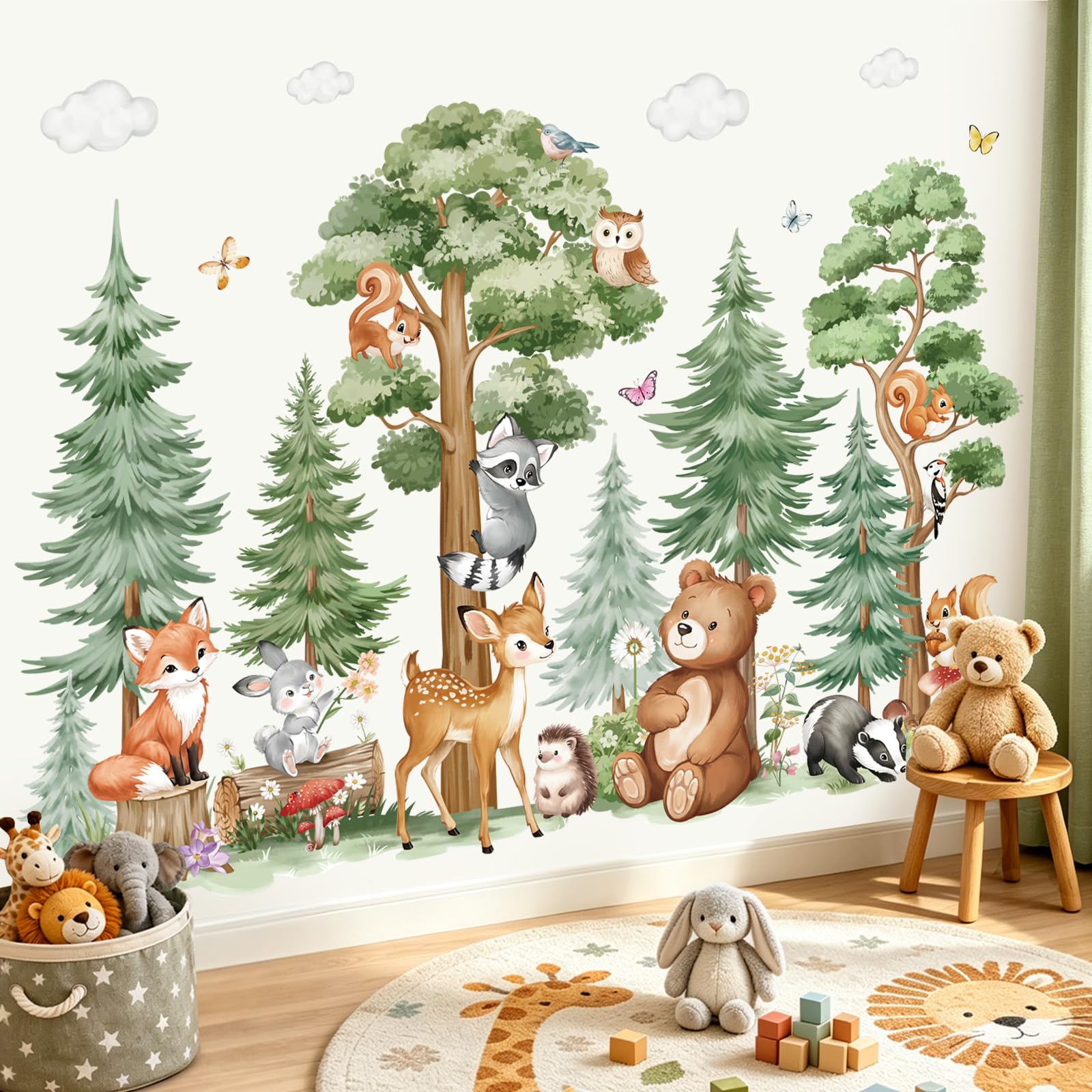 wondever Large Woodland Animals Wall Decals Pine Birch Tree Wall Stickers