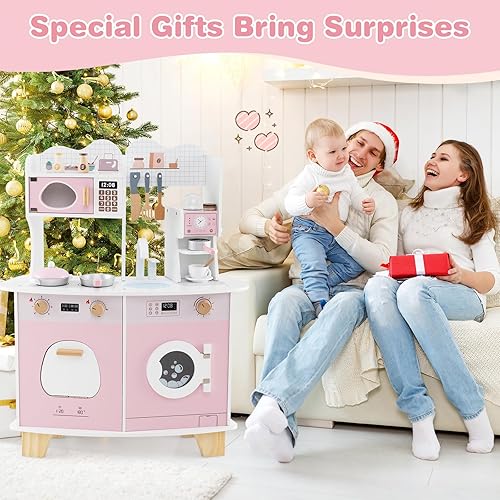 Miniatura 8 de Costzon Juego de cocina, juego de cocina de juguete de madera con cafetera, lavadora, microondas, horno, accesorios de cocina de simulación, juego