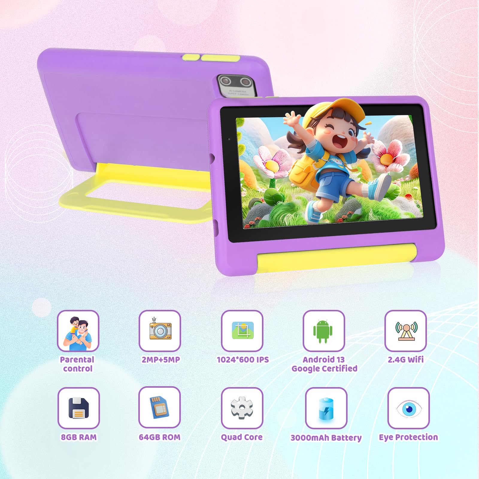 Whitedeer 2026 Latest Kids Tablet, 7 inch Tablet for Kids 3-7 Ages 8GB RAM +64GB ROM, Android 13, Parental Controls, Dual Camera, Wi-Fi, Bluetooth, Type-C, Impact Resistant Case, Gift,Purple - 3