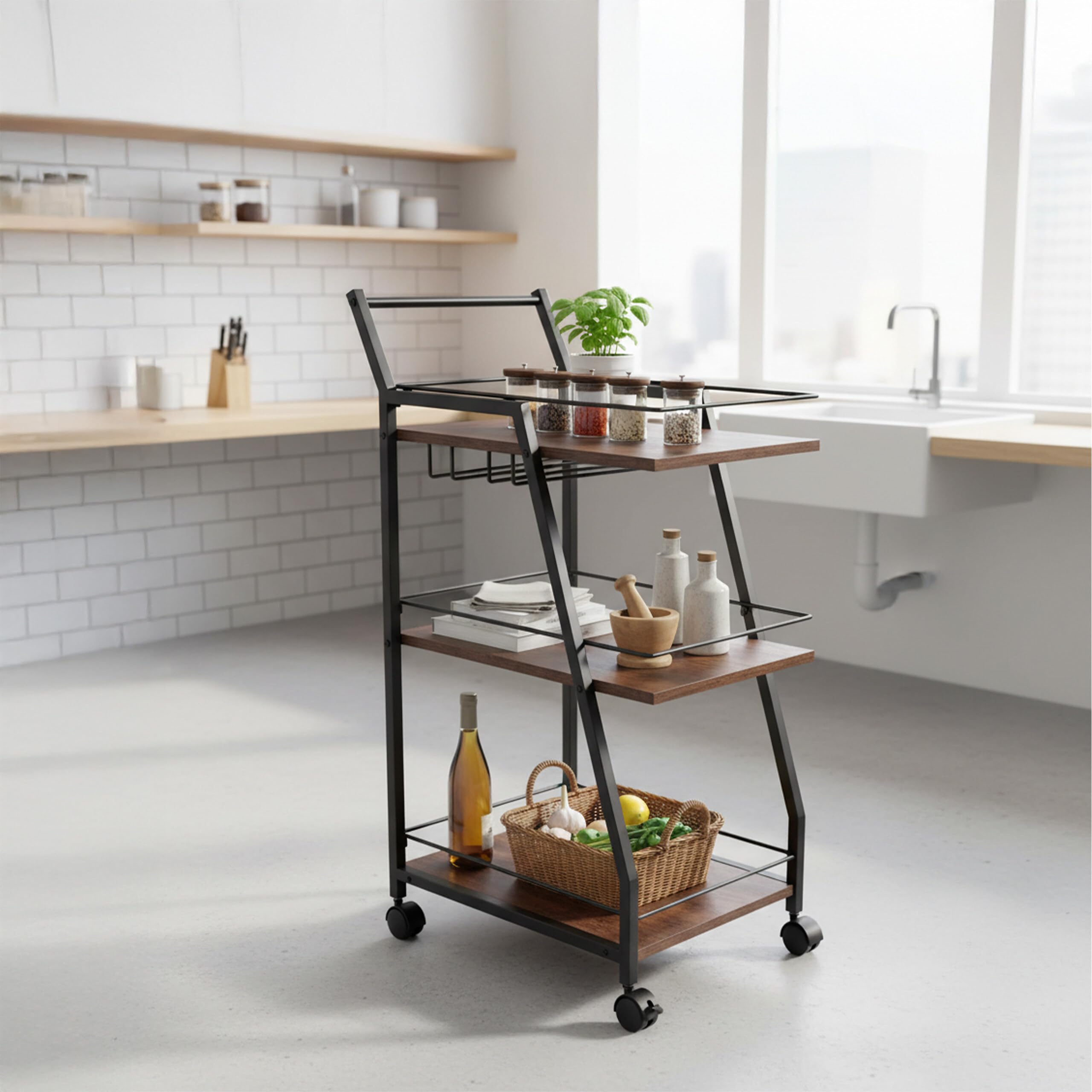 Relaxdays Carrello da Cucina 3 Ripiani, portabicchieri, Stile Industriale, su Ruote, HBT 83x39x29