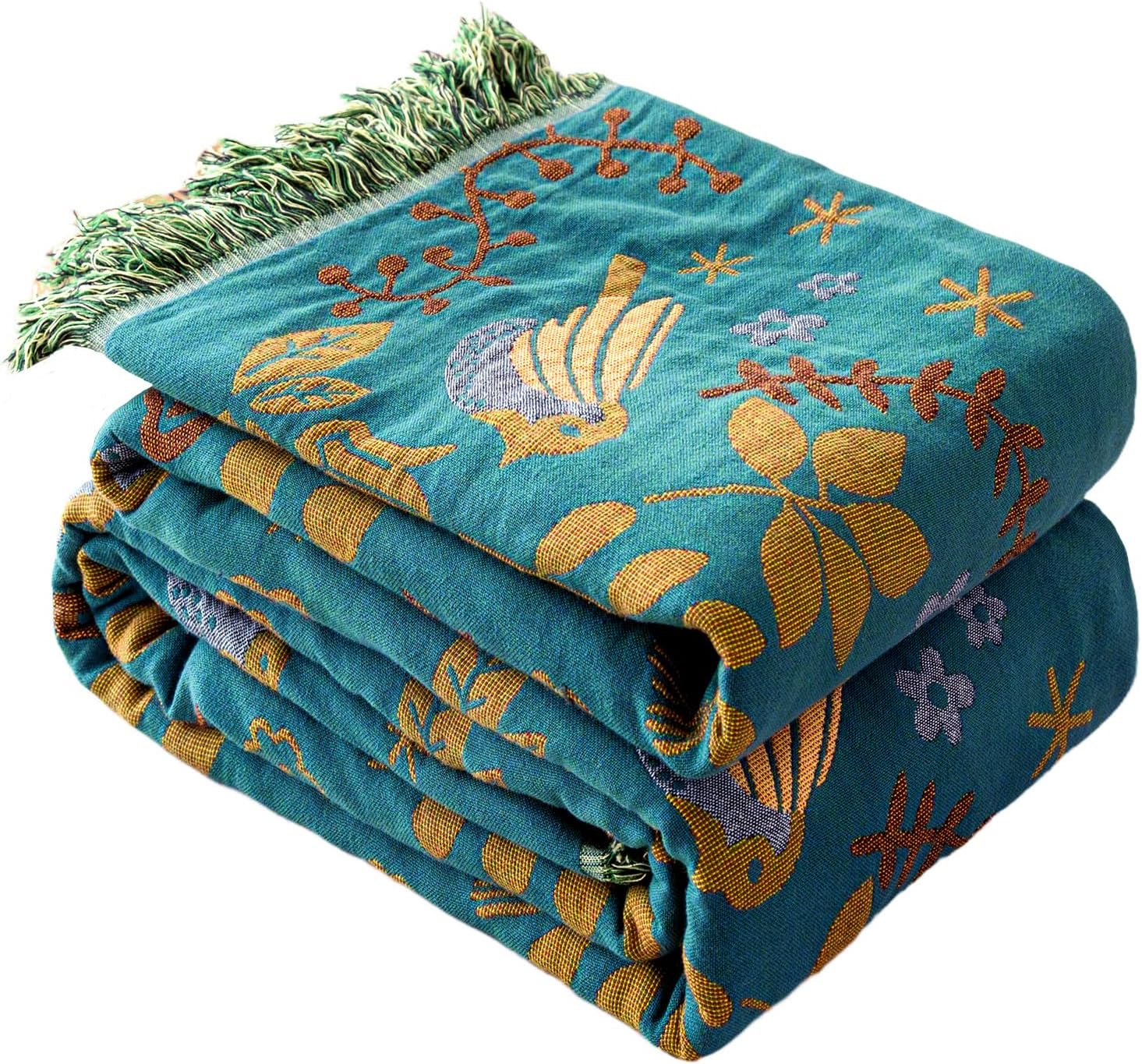 MSGKV Boho Throw Blanket 100% Cotton Blankets for Bed Couch 60"x80", Summer Breathable Farmhouse Bird Blankets Quilt Muslin Home Decor