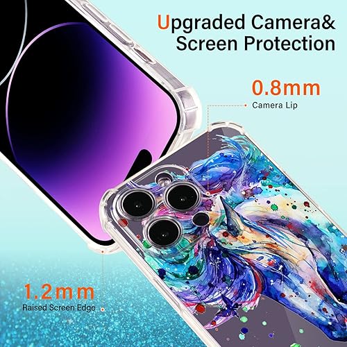 Miniatura 4 de Funda púrpura para iPhone 14 Pro Max con diseño de caballo azul, patrón de acuarela con protector de pantalla Buffertech impacto de caída de 6.6