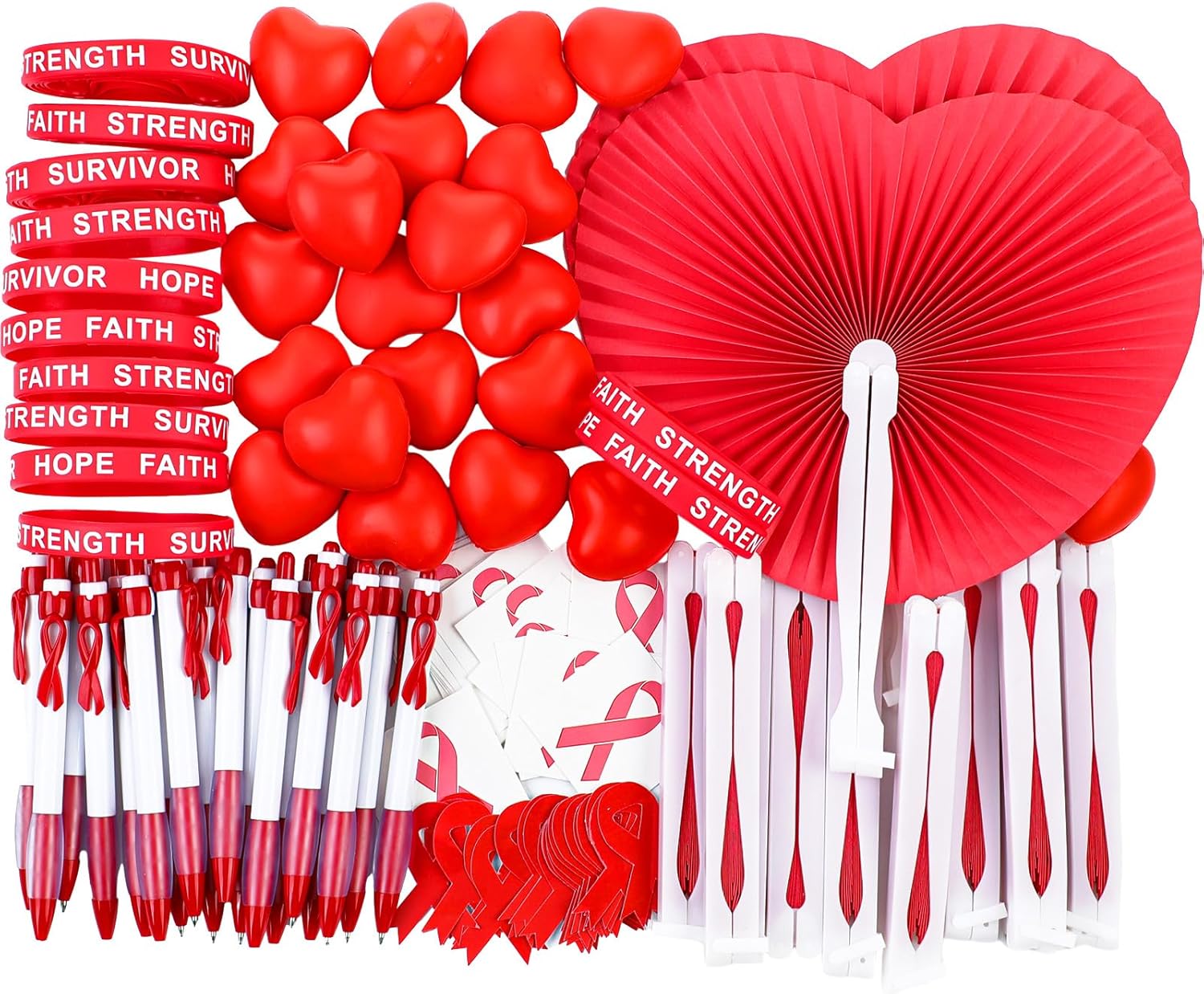 150 Pcs Red Heart Health Awareness Items Bulk Red Ribbon Awareness Stickers Stress Football Folding Fan Tattoo Sticker Silicone Bracelet for Heart Health Month Charity Events Gifts Supplies