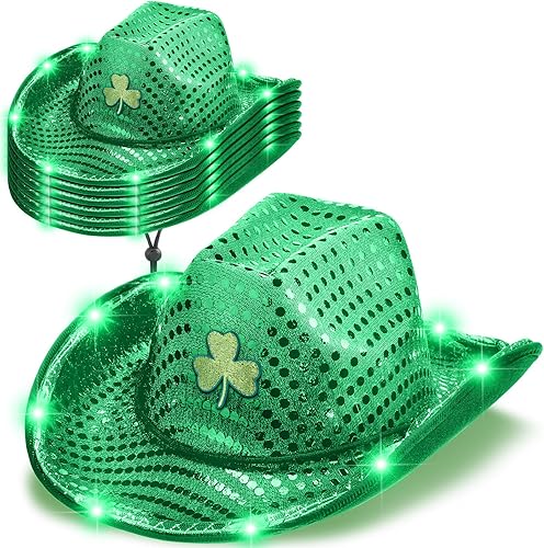 Silicherry Paquete de 6 sombreros de vaquero de trébol de San Patricio con luz LED, sombrero de vaquera verde trébol, sombrero irlandés para