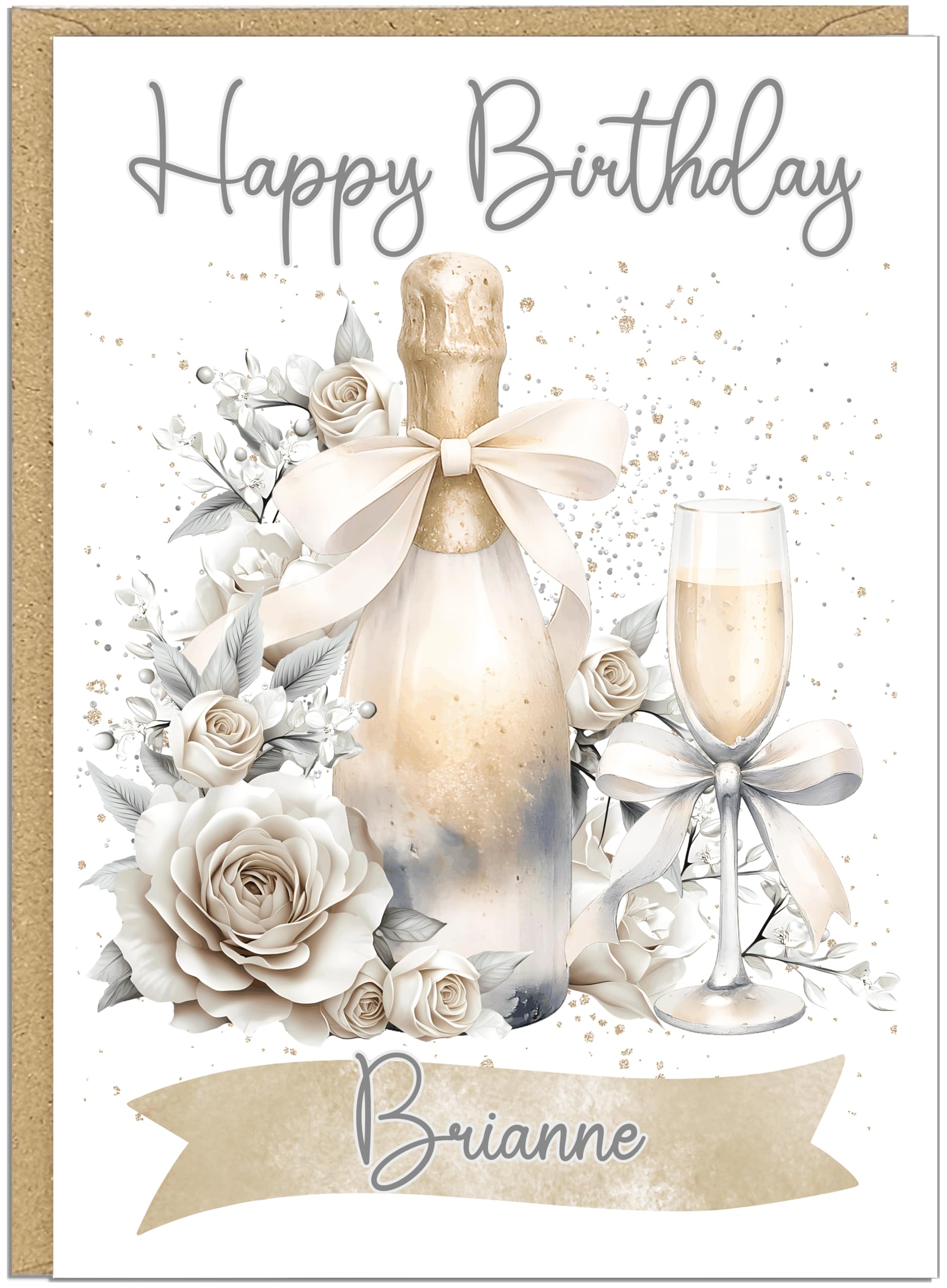 Personalised Pink Champagne Birthday Cards for Her - Luxury Prosecco - 6 Colours Including Rose Gold Blush Pink Beige Customised Own Name and Text A5 Female Alcohol Themed Card (Beige & Grey)