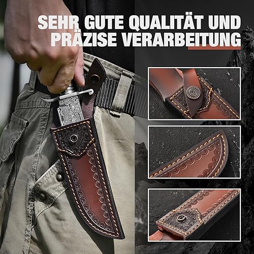 Miniatura 5 de Cuchillo Bowie de 10.5 pulgadas con funda, cuchillo de hoja fija para caza al aire libre (hoja de damasco tipo japonés)