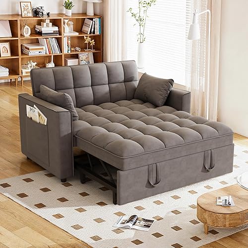 Hison Convertible Sleeper Sofa Bed, 3 in 1 Pull Out Couch Bed with Adjustable Backrest, Sectional Small couches for Small Spaces, Loveseat for Apartment Living Room (Dark Gray, Velvet)