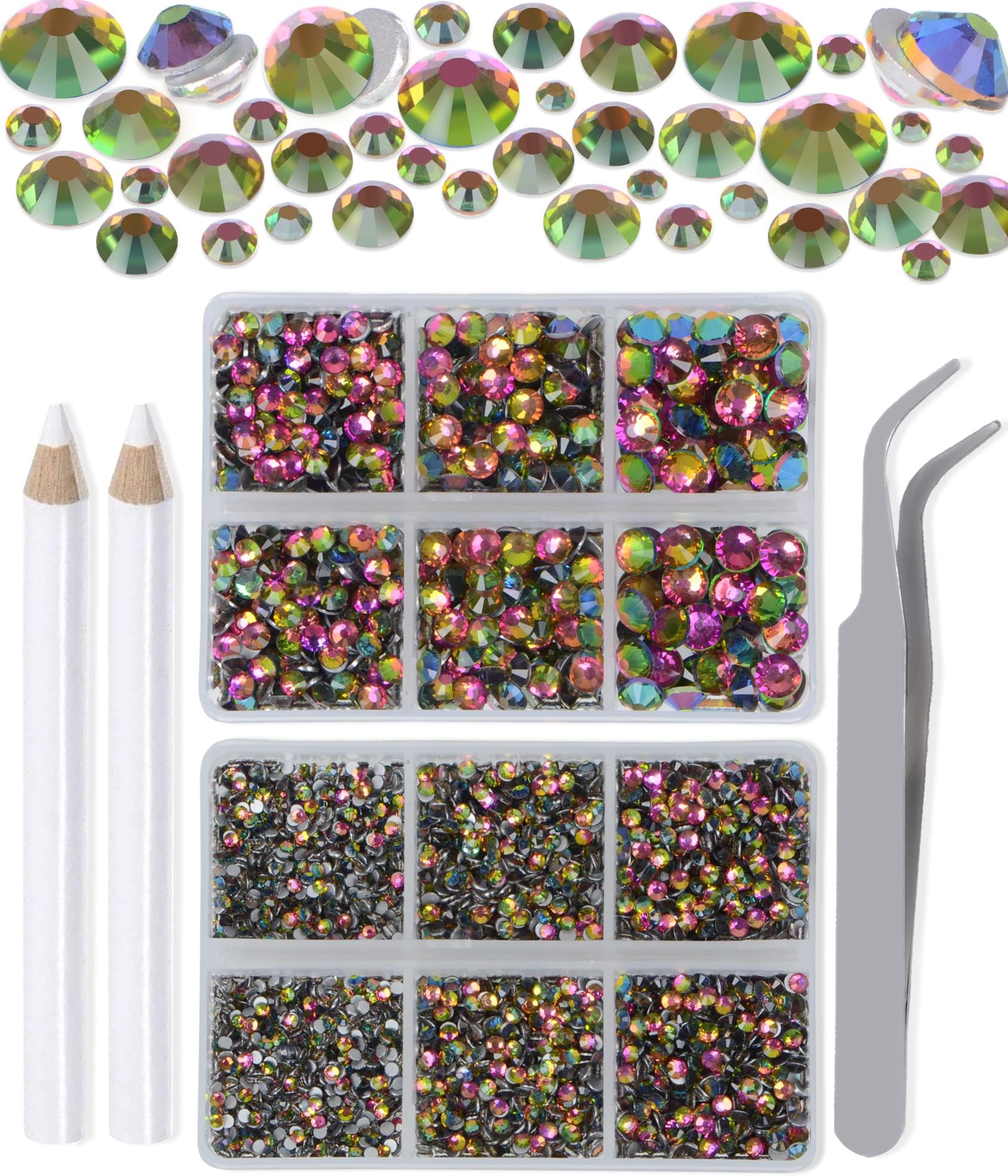 LPBeads 6000 Pieces Vitrail Medium Non Hotfix Rhinestones 6 Sizes Round Crystal Glass Flat Back Rhinestones with Tweezers and Picking Pen for Nail Art Crafts Bags DIY
