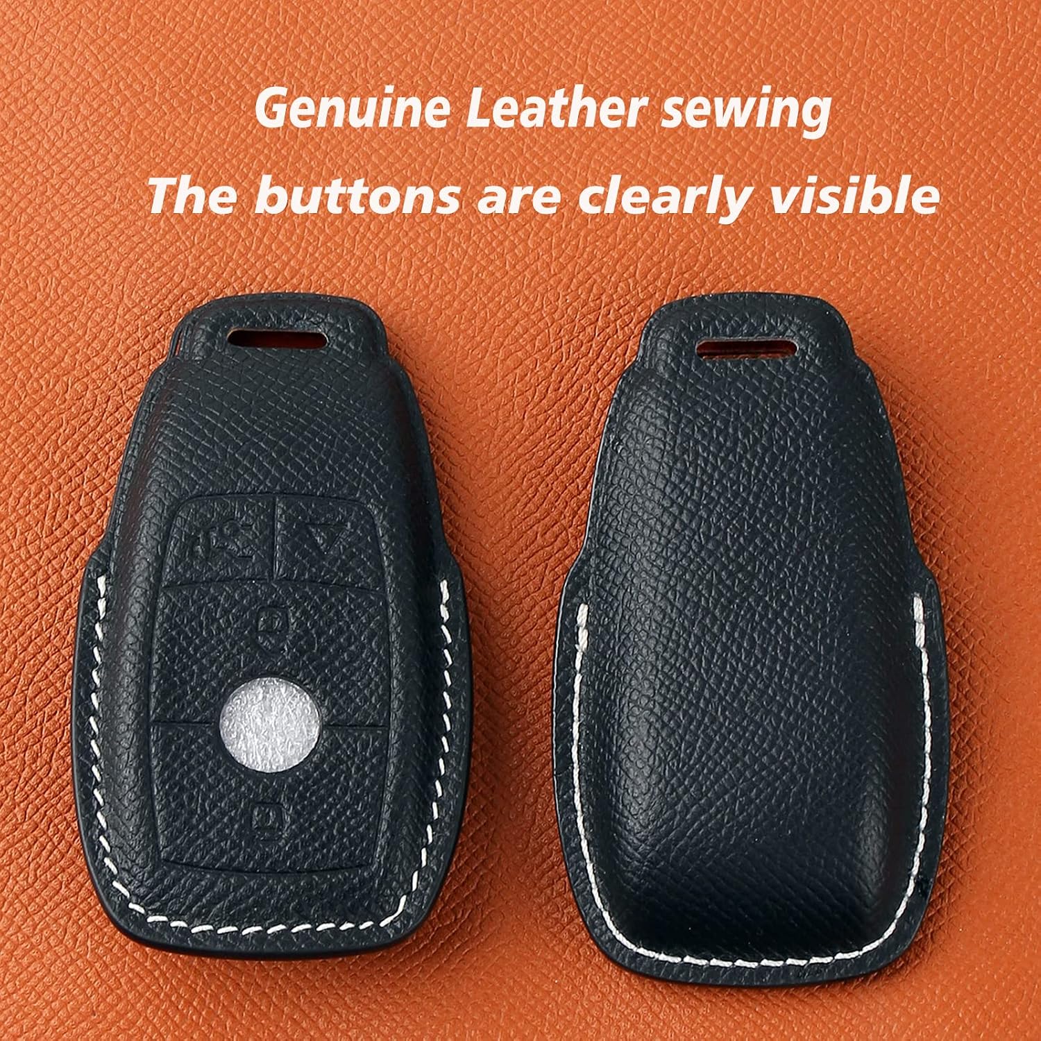 Genuine Leather Smart Key Fob Cover, Keychain Shell Compatible for Mercedes-Benz A, C, E, S, CLA, CLS, GLA, GLB, GLC, GLE, GLS, G Class 2017-2022 (4-Button,Black)