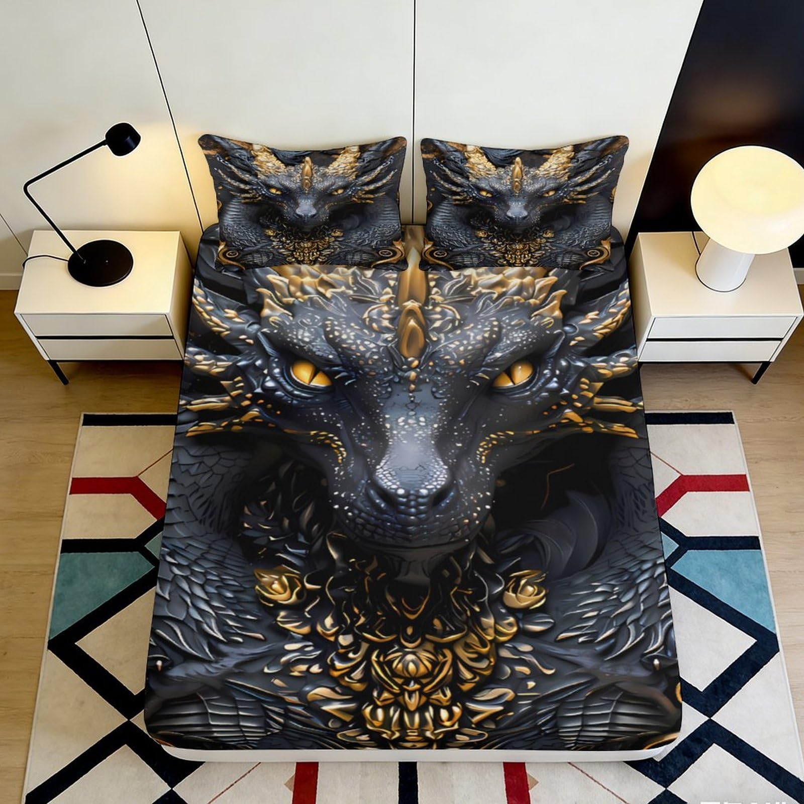 Pnayamiorkfel Style-7 3D Printed Black Gold Dragon Fitted Sheet Microfiber Non Slip Washable Mythic Beast Bed Cover For Bedroom Dorm Decor 90X200x25cm