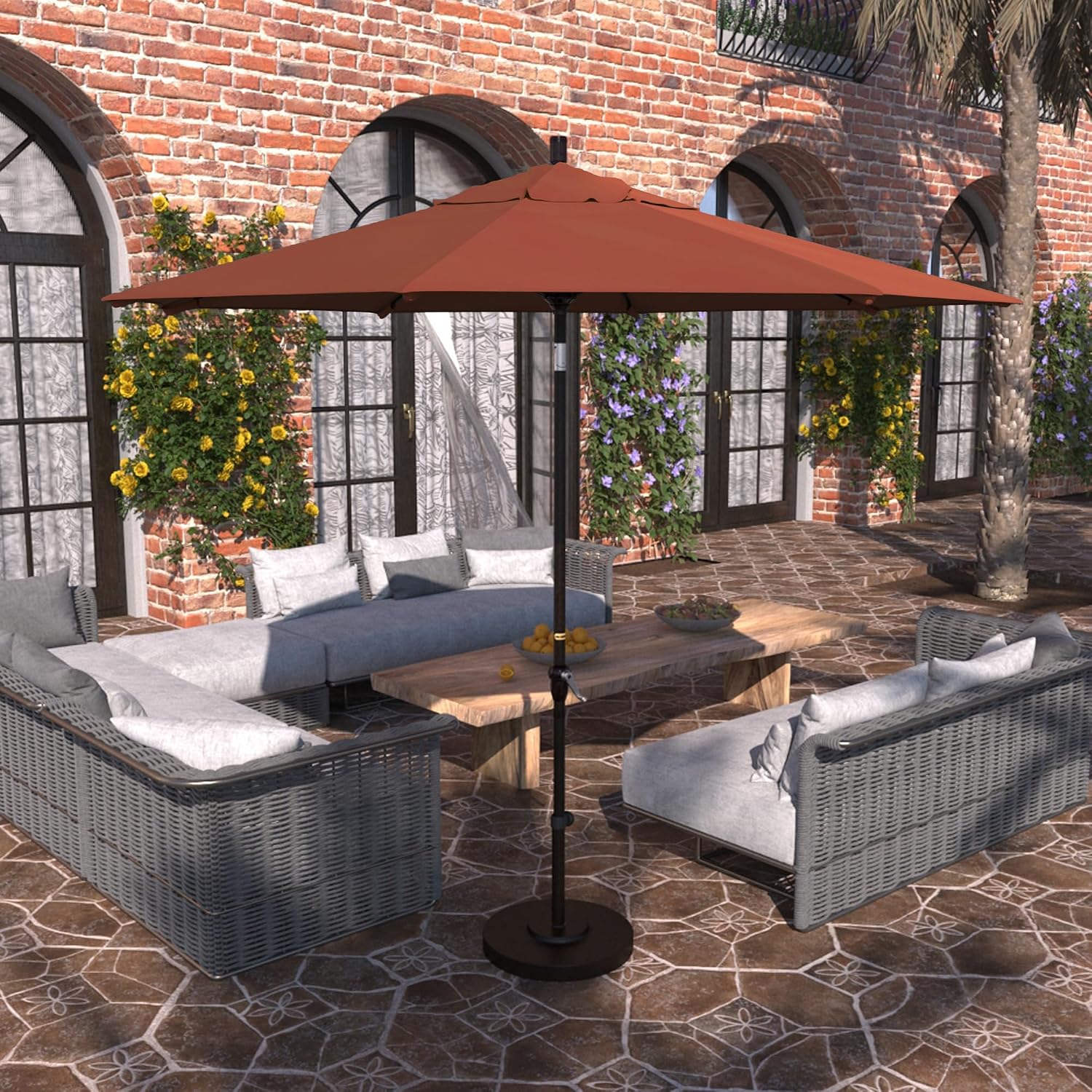 California Umbrella 9' Round Aluminum Market Umbrella, Crank Lift, Auto Tilt, Bronze Pole, Sunbrella Spectrum Mist