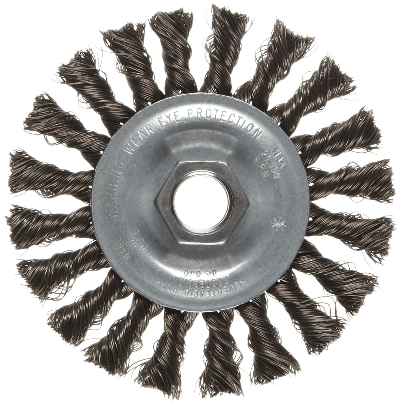 Weiler 36012 Vortec Pro 5/8"-11 Arbor, 4" Diameter, 0.014" Wire Size, Carbon Steel Bristles, Wide Face, Knot Wire Wheel Brush