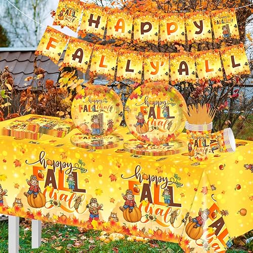 Miniatura 6 de Juego de 142 platos y servilletas de Acción de Gracias, decoración de fiesta de espantapájaros, vajilla desechable, hojas de arce, cosecha de