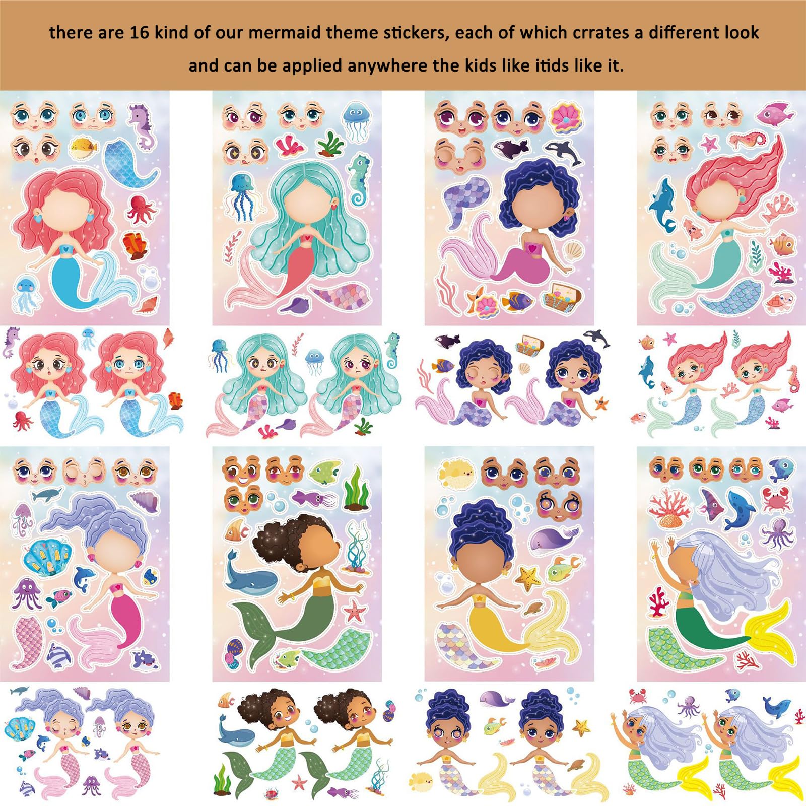 32 PCS Stickers for Kids Party Bag fillers Mermaid Stickers Make a face Stickers for Kids Sticker Sheets for Children Stickers for Party Bags Kids Party Favor Supplies - Image 3