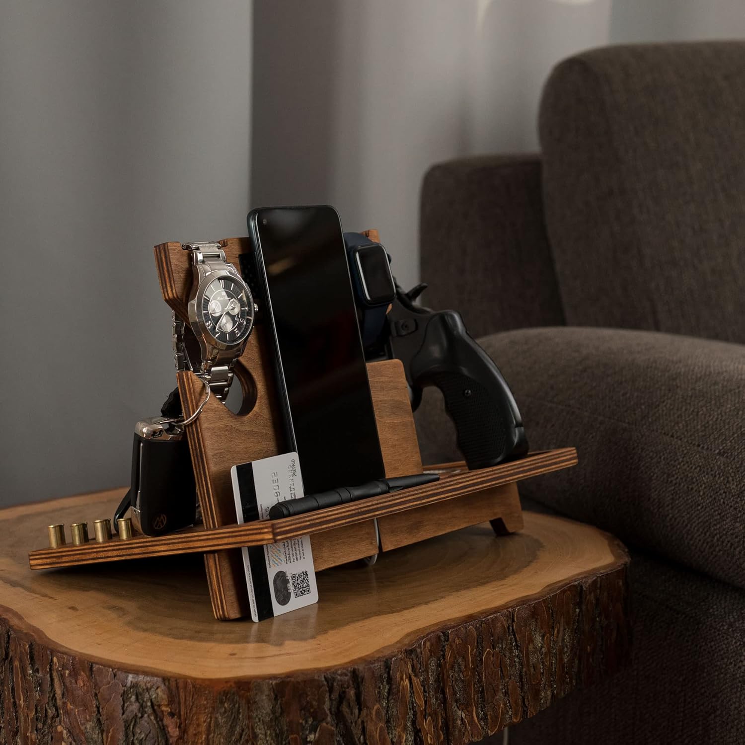 Night stand - Gun tray organizer - Wood gun holder with watch charger - Ideal for police officers - Law enforcement gifts for him