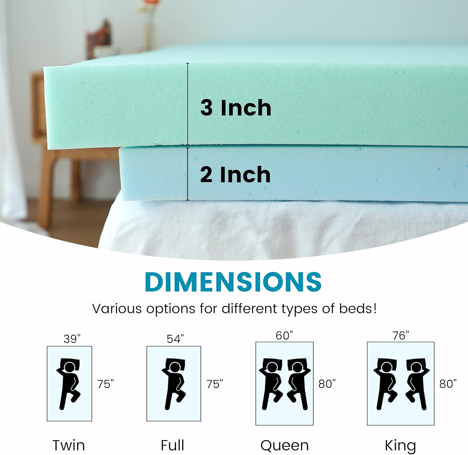 Simple&Opulence 2 Inch Memory Foam Mattress Topper, Cooling Gel Infused Mattress Pad for Back Pain Relief，Ventilated and Breathable - Queen Size