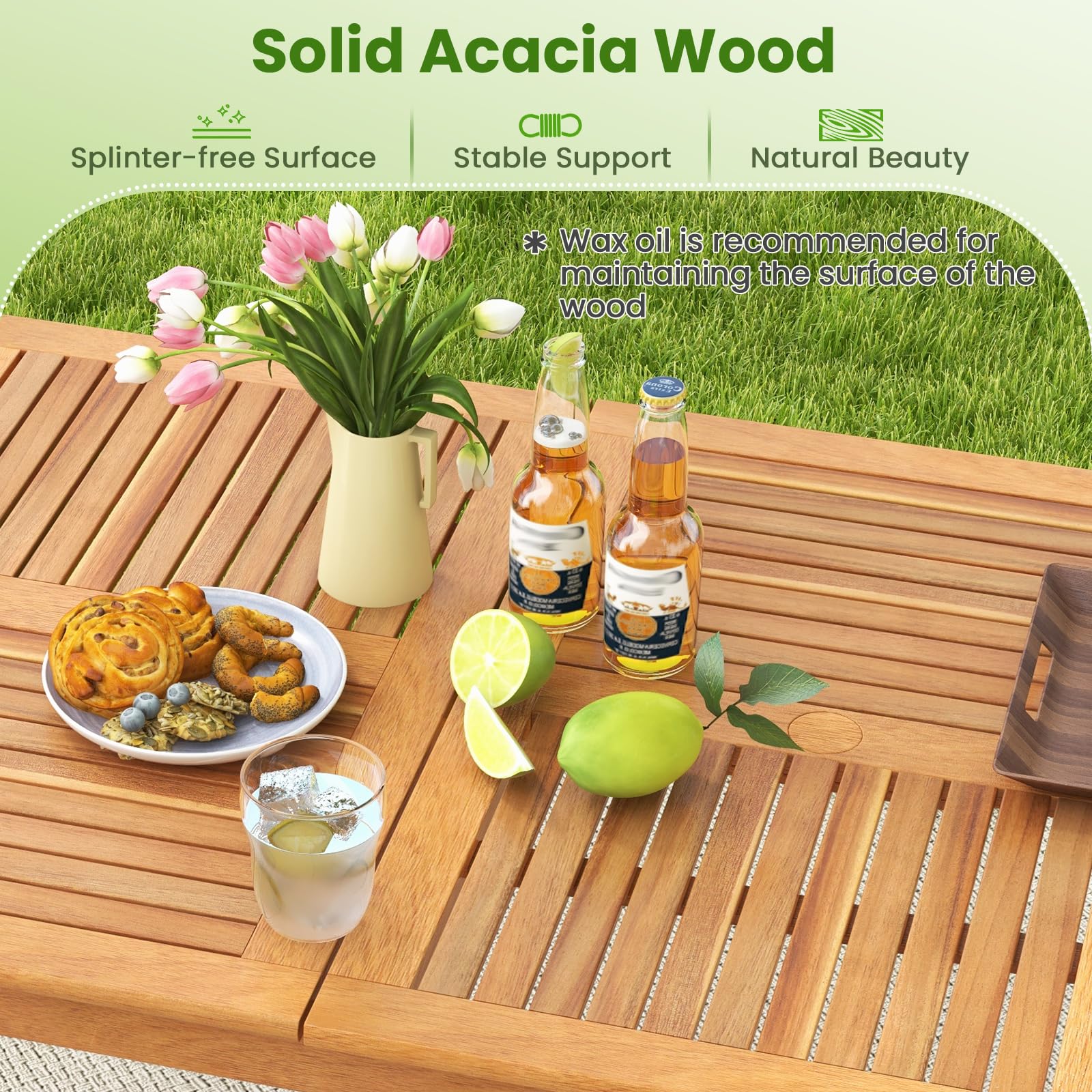 FANTASK Gartentisch aus Akazienholz, 170 x 90 cm, Outdoor Holztisch mit Schirmloch für 6 Personen, rechteckiger Esstisch, Balkontisch für Balkon, Garten, Terrasse