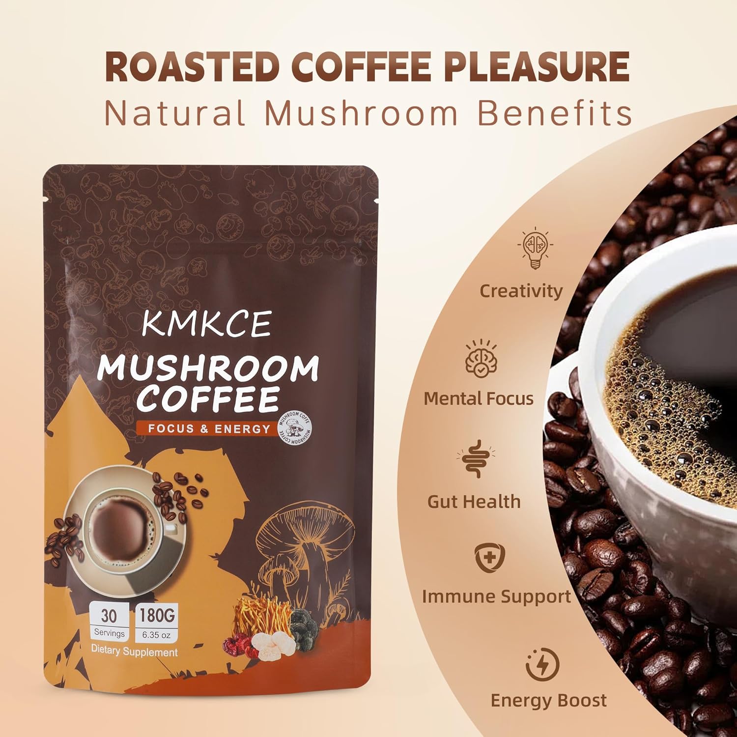 Mushroom Coffee, 6 Organic Mushrooms with Lion's Mane, Reishi, Cordyceps, Shitake, King Trumpet & Turkey Tail, Instant Coffee Powder for Energy, Digestion Immune Support,30 Servings - Image 3