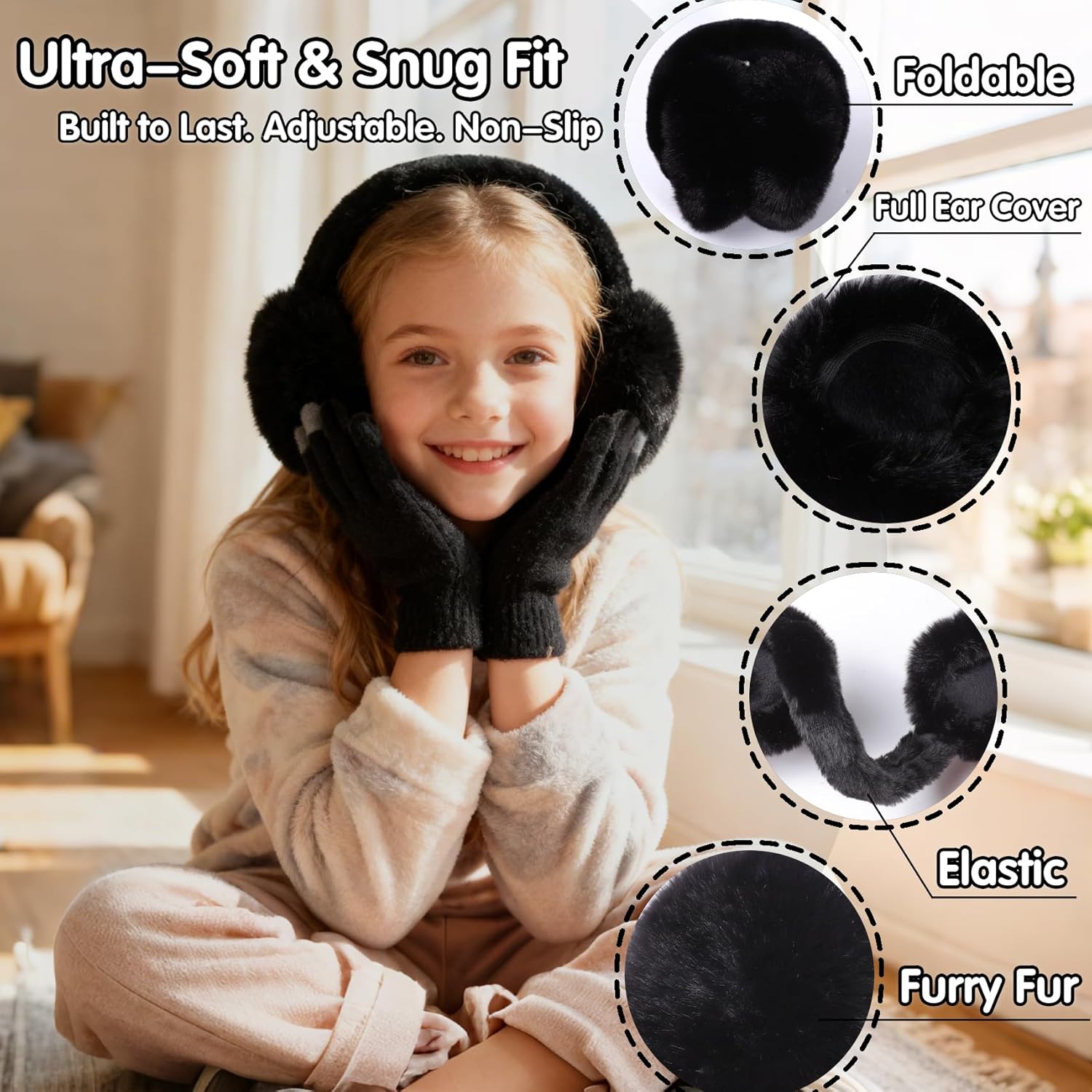 BEARAE Winter Ear Muffs Gloves Set, Fuax Fur Earmuffs with Glove, Foldable Fluffy Ear Warmer Muff for 7-12T Kids Girls Boys - Image 3