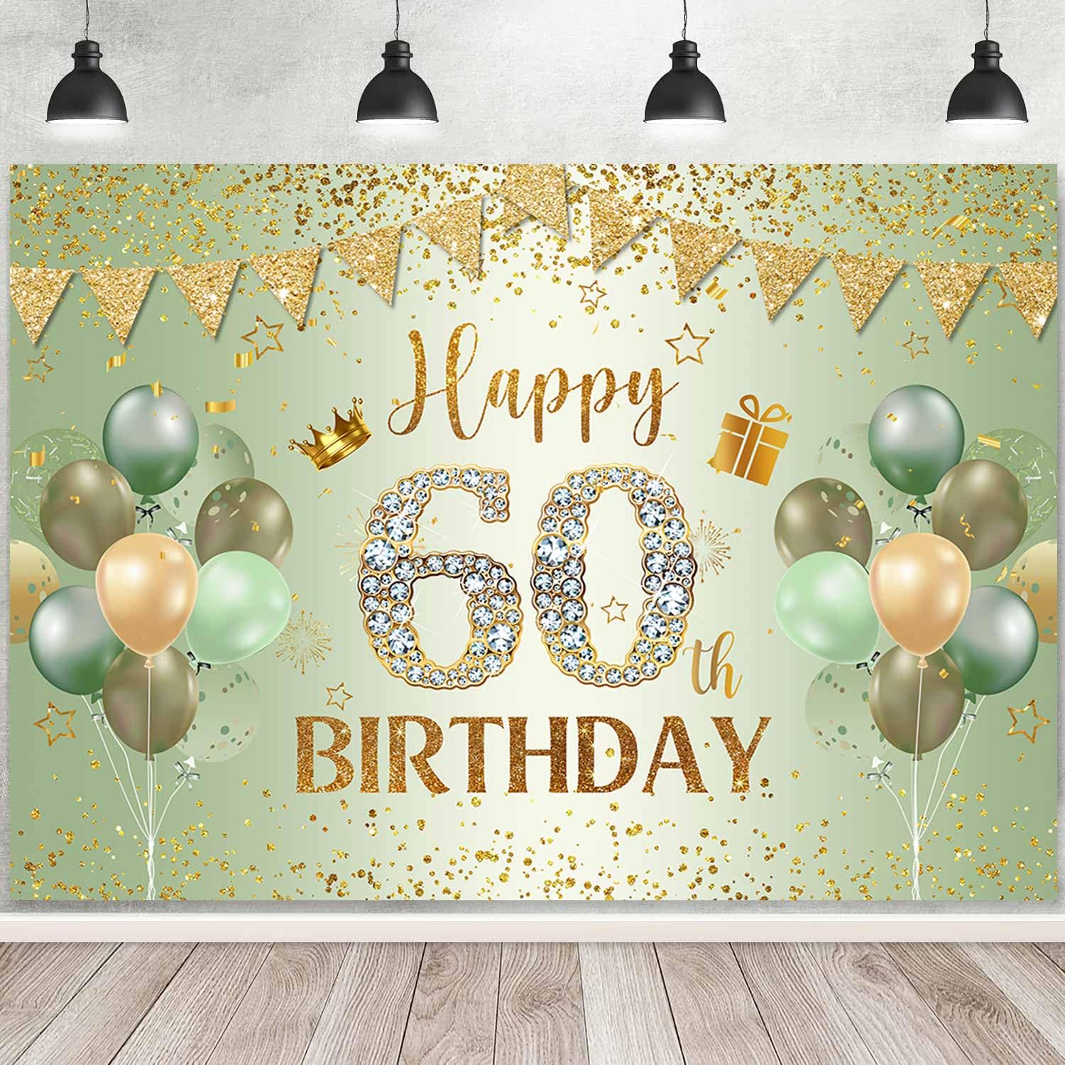 Ayayiya Happy 60th Birthday Backdrop Sage Green Gold Balloons Glitter Dots Photography Background for Women Men Fabulous 60th Birthday Party