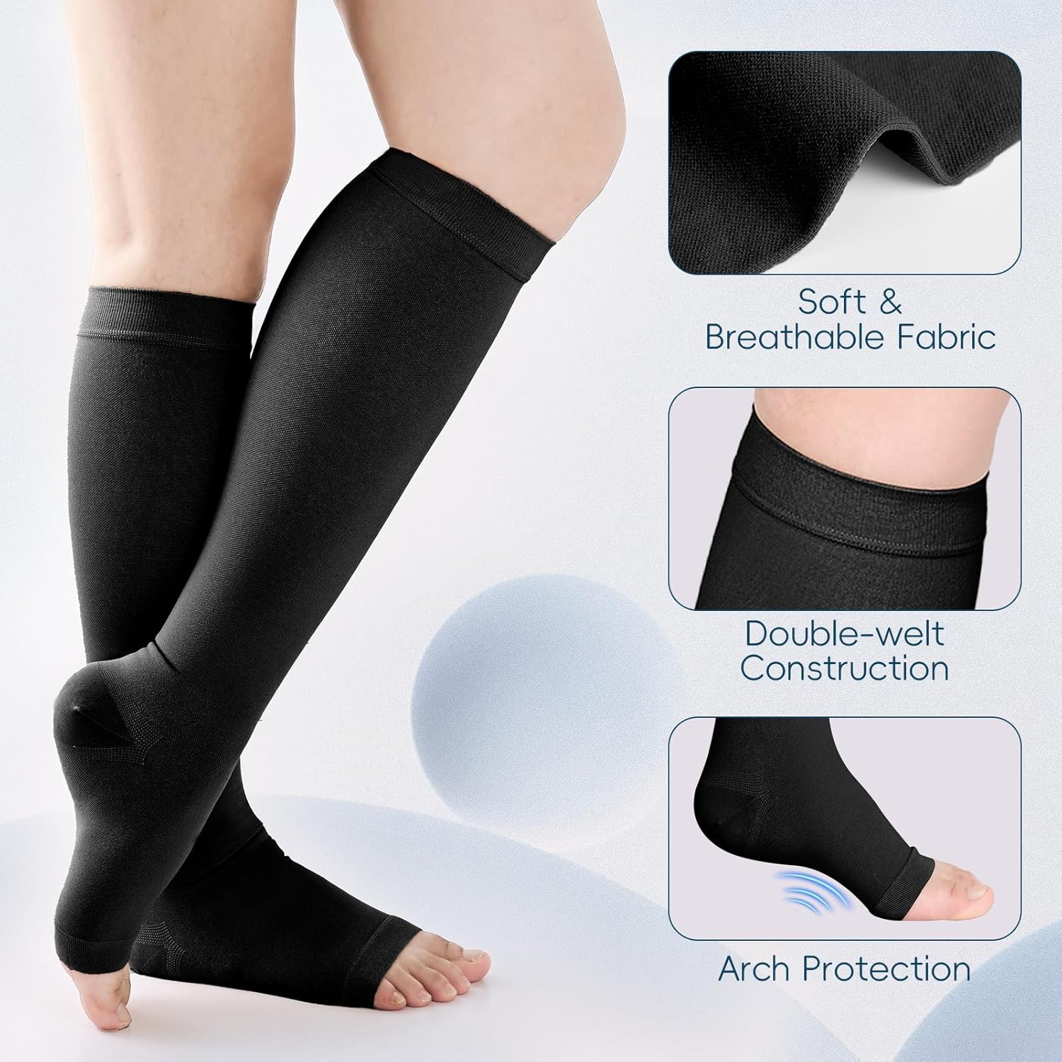 2 Pairs Compression Socks for Women and Men, 20-30mmHg Open Toe Compression Sock, Knee High Graduated Medical Compression Stockings, Best Support Socks for Varicose Veins - Image 5