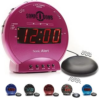 Sonic Alert Sonic Bomb Dual Alarm Clock with Bed Shaker, Pink Vibrating Alarm Clock Heavy Sleepers, Battery Backup | Wake with a Shake