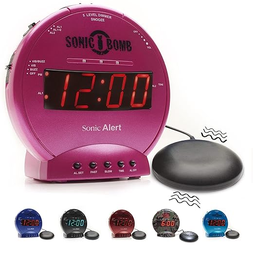 Sonic Alert Sonic Bomb Dual Alarm Clock with Bed Shaker, Pink Vibrating Alarm Clock for Heavy Sonic Alert Sonic Bomb Dual Alarm Clock with Bed Shaker, Pink Vibrating Alarm Clock for Heavy item