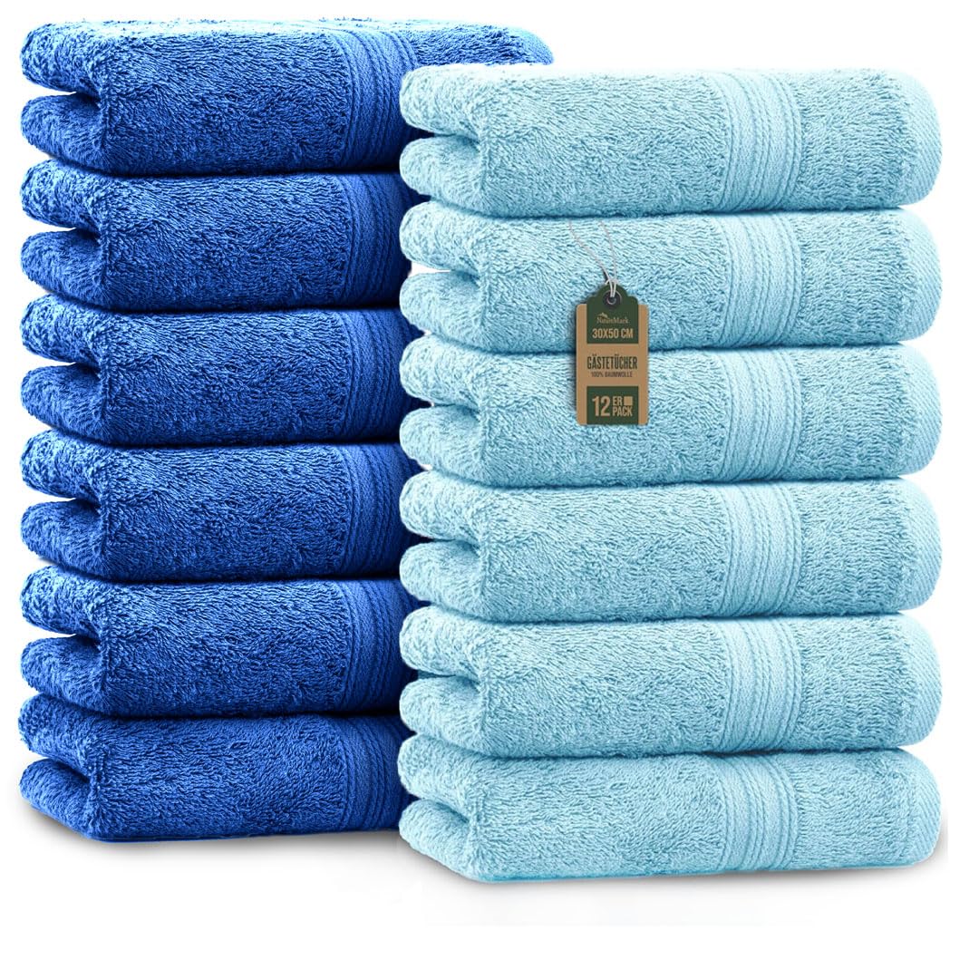 NatureMark Gästetücher – 12er Pack (30x50 cm), 100% Baumwolle, Oeko-Tex Zertifiziert, weich, saugfähig und pflegeleicht – Für Bad, Gäste & Spa – Hellblau/Royal