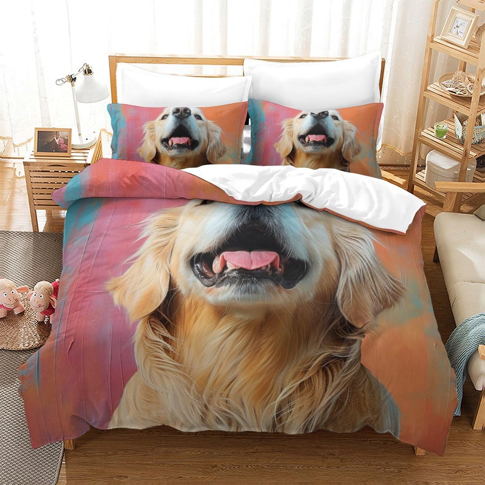 Housse de couette zippée Golden Retriever 220x240 finie la couette qui glisse du lit en microfibre