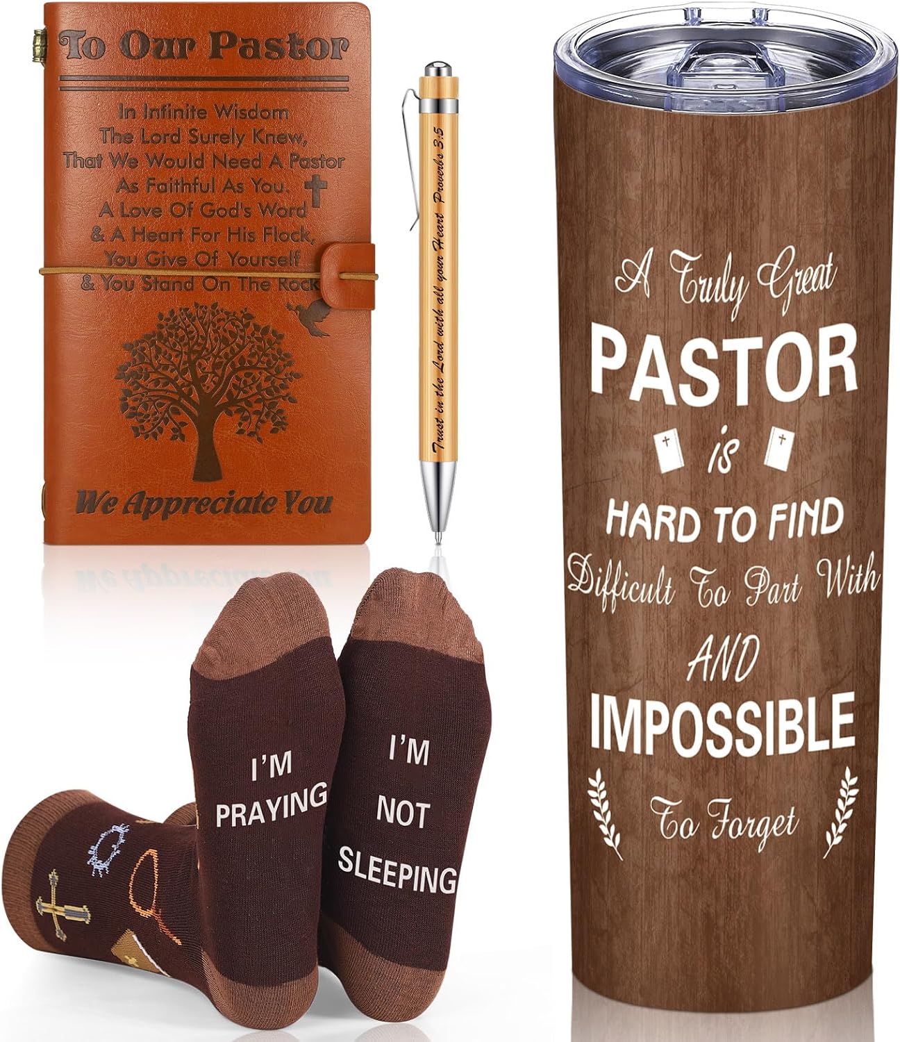 Skylety 4 Pcs Pastor Appreciation Gifts Set Pastor Refillable Journal Ordained Minister 20 oz Stainless Steel Cup Priest Socks Clergy Pen for Church Birthday Gifts